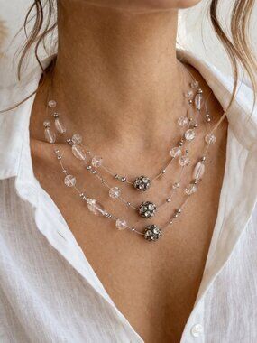 Multi-strand Clear Crystal & Rhinestone Beads 10" Necklace